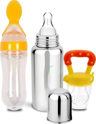 MINSK Stainless Steel Baby Feeding Bottle for Milk & 2 silicon Fruit Feeder Combo - 250 ml(Silver)