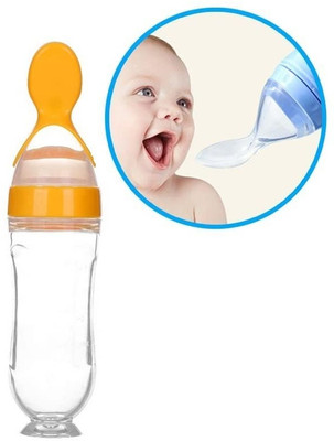 flamgam 2 in 1 Feeding Bottle for New Borns & Babies with Silicone Spoon - 90 ml(Orange)