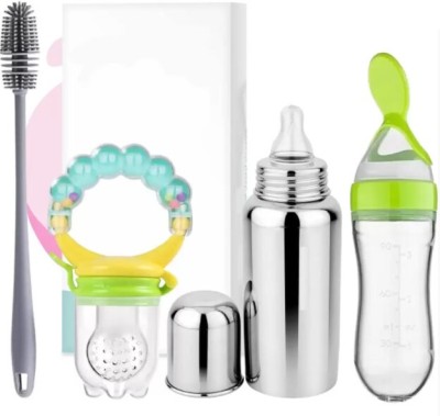 Royal krafts Steel Baby Feeding Bottle, 1 Cleaning Brush, 1 Feeding Spoon and 1 fruit Nibbler - 240 ml(Silver)