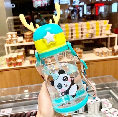 Magic Pebbles Deer Horn Design Cute Design Cartoon Sipper school Bottle for Kids with Strap - 600 ml(Green)