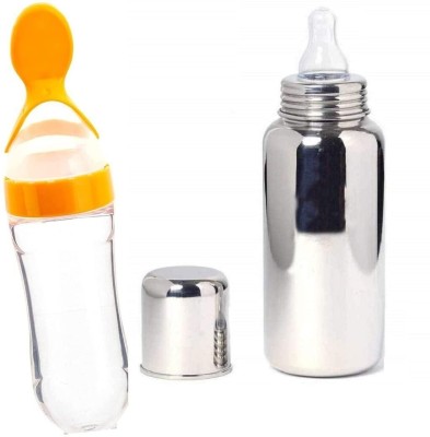 Babylib Steel Baby Milkfeeder New Baby Born Squzee Silicon Spoon Food feeder 90ml - 250 ml(Yellow, Silver)