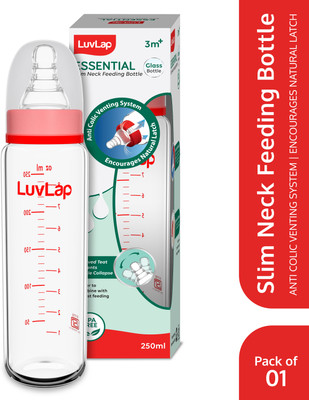 LuvLap Essential Slim Neck Glass Feeding Bottle, Suitable for 3M+ Babies Pack of 1 - 250 ml(Red)