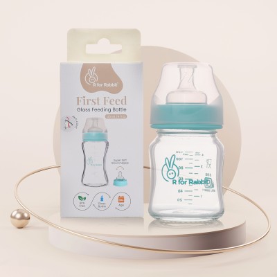 R for Rabbit Anti Colic Baby Feeding Glass Bottle Wide Neck Soft Silicone Nipple (0+ Months) - 120 ml(Sea-Green)