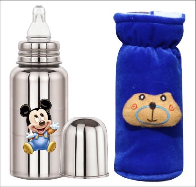 Kartkla Stainless Steel Baby Mickey Milk Feeding Bottle With Blue Cover - 260 ml(Croma Steel)