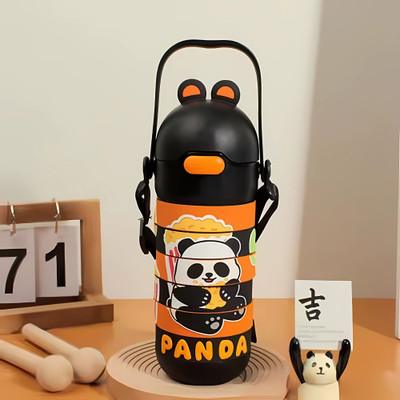 twisoo Stainless Steel Kids Puzzle Water Bottle 430ml – Leak Proof, Straw & Strap - 430 ml(Black)