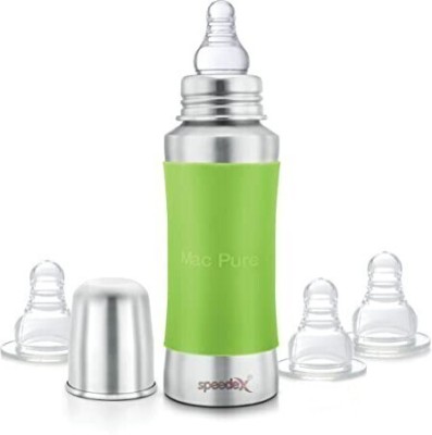 SPEEDEX Stainless Steel Baby Feeding Bottle with Internal ML Marking, Silicon Stopper & Silicon Grip (240 ml) (3 Extra Nipple Free) - 240 ml(SILVER GREEN)