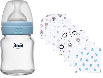 Chicco Well-Being 120ml Blue Glass Feeding Bottle and Washclothes (Combo) - 120 ml(Blue)