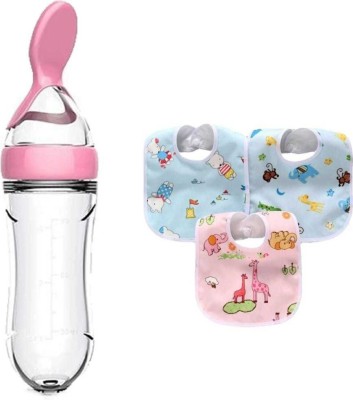 CHILD CHIC Feeding Combo Pack Spoon Bottle Feeder & Three Cartoon Print WaterProof Bibs - 90 ml(Pink)