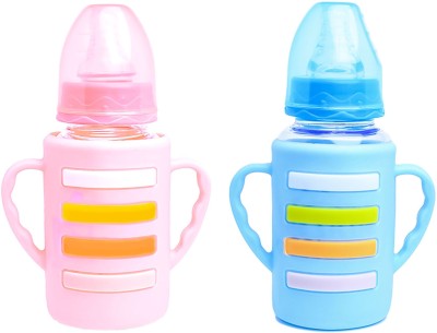 The Little Lookers Glass Feeding Bottle with Handle Silicon Cover for Baby - Pink & Blue (120ml) - 120 ml(Pink-Blue)