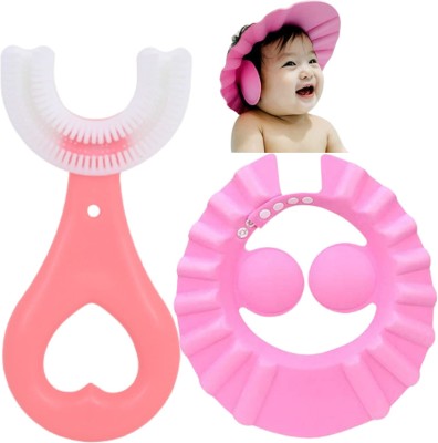 DECRONICS Baby Care Combo Pack of 2- 1 U-ToothBrush And 1 Pc Shower Cap(Pink)