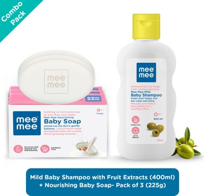 MeeMee Mild Baby Shampoo with Fruit Extracts, 500ml and Nourishing Baby Soap with Almond & Milk Extracts 75g(White)