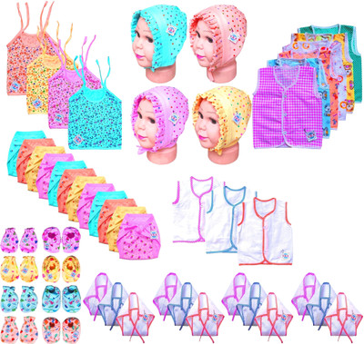 V.B.K New Born Baby Clothes Set With Jabla,Mitten Booties,Nappy and Cap, 0 to 6 Months(Multicolor)