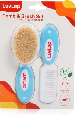 LuvLap Baby Comb with Rounded Tips & Hair Brush with Natural Bristles,(White & Blue)