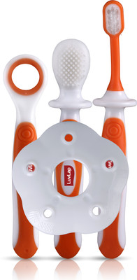 LuvLap Baby Training Toothbrush Set with Anti Choking Shield, Teeth Tongue Cleaner, Baby Oral Hygiene, 3 pcs, (White/Orange)(Orange)