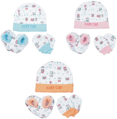 MEEOWMEE New Born Baby Infant Soft Cotton Mitten Sets with Cap and Booties(Blue, Peach, Pink)