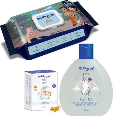 BUMTUM Chota Bheem Gentle Soft Wet Wipes With Lid & Baby Soap & Baby Hair Oil Combo  (White) For Rs. 159 @ 73 %