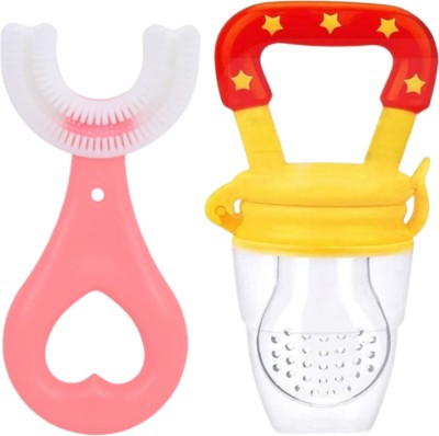 DECRONICS Baby Care Combo Pack of 2- 1 U-ToothBrush And 1 Pc Fruit/Food Feeder(Pink, Yellow)