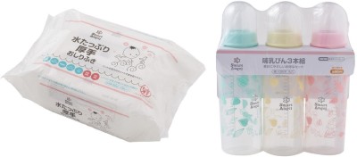 Smart Angel Japan Baby Wipes (80 Wipes/Pack) and Baby Feeding Bottle (Pack of 3, 250ml Each)(Multicolor)