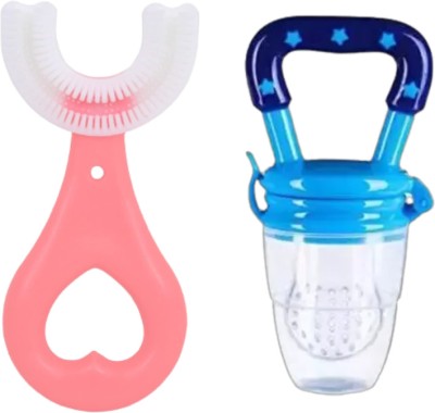 DECRONICS Baby Care Combo Pack of 2- 1 U-ToothBrush And 1 Pc Fruit/Food Feeder(Pink, Blue)