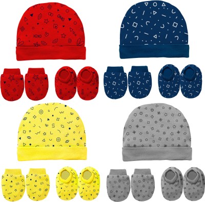 KidBee Newborn Baby Soft Cotton Booties Mitten & Cap Set (0-6 Months)(Pack of 4 Set)(Red,Yellow,DarkBlue,SlateGrey)