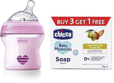 Chicco Baby Natural feeding bottle 150ml& 3+1 baby moment soap (combo)(Pink)