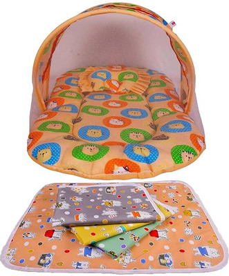 Kwitchy Baby Bedding Set for New Born Bed Mattress with Mosquito Net & Neck Pillow(Orange)