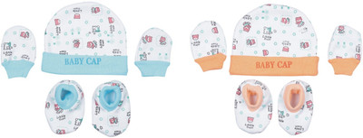 MEEOWMEE Baby Cap, Mitten & Booties Set(Blue, Peach)