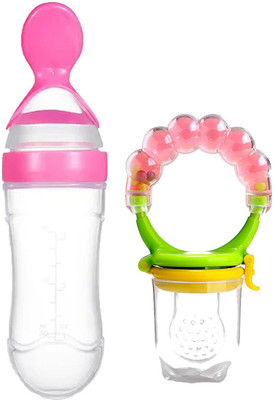 Prettify My NewBorn Baby Silicone nSpoon Bottle And Rattle Nibbler Pack Of 2(Multicolor)