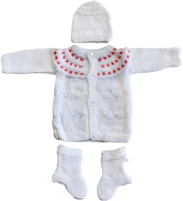 PIKIPOO Newborn Baby Woolen Winter Wear Keep warm Cartoon Printing Clothe Sets(White)