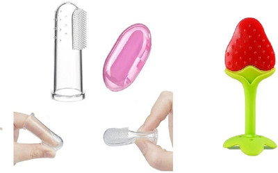 QinPin Combo of Soft Fruit teether gentle to chew on & Silicone Finger Brush for baby02(Multicolor)