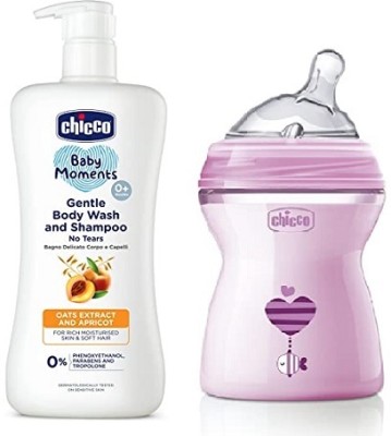 Chicco Baby Moment Wash & Shampoo 500 ml and Natural Feeding bottle 250 ml (Combo pack)(Pink)