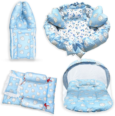 Baby Desire Combo of Baby Nest | Bed with Net | Carry Bag | 4 Pcs Bedding Set(Blue)
