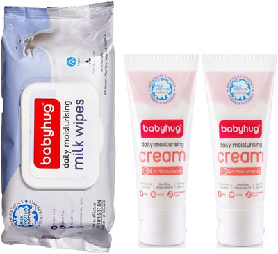 babyhug Daily Moisturizing Milky Wipes (72Pcs) & Moisturizing Cream (2x100ml)-Set of 3(Multicolor)