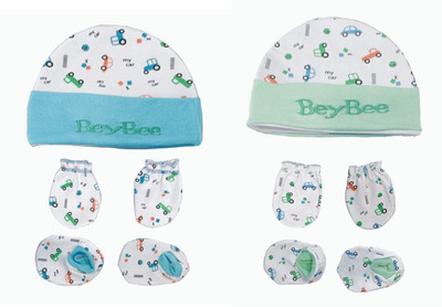MEEOWMEE New Born Baby Infant Soft Cotton Mitten Sets with Cap and Booties(Blue, Green)