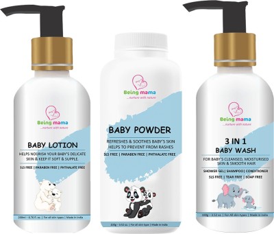 Being mama 3 in 1 Baby Wash (200 ml) Baby Powder (100 g) Baby Body Lotion (200 ml)(White)