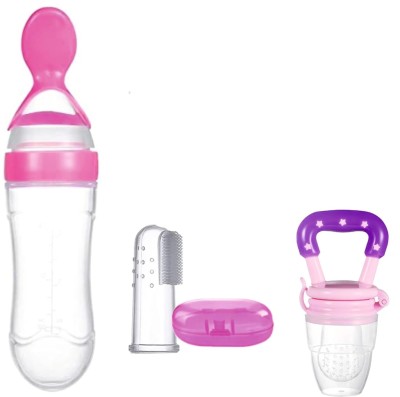 Prettify newborn baby spoon bottle and finger brush and fruit nibbler(Multicolor)