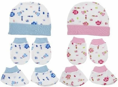 MEEOWMEE Baby Cap Mitten Booties Set, Infant Cap Set(Blue, Pink)
