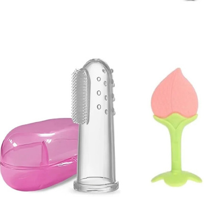QinPin Pack of 2-Silicone teether & Ultrasoft Finger Brush gentle to chew on for baby(Multicolor)