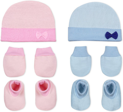 MEEOWMEE BABY CAP MITTEN BOOTIE SET COMBO(Light Pink, Blue)