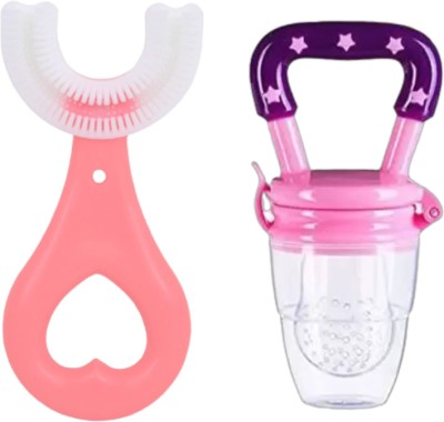 DECRONICS Baby Care Combo Pack of 2- 1 U-ToothBrush And 1 Pc Fruit/Food Feeder(Pink)