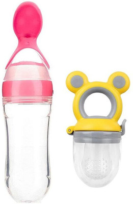 KIDS BASIC Baby Silicone Feeding Bottle with Spoon + Fruit Nibbler Feeder Combo – BPA Free(Pink)