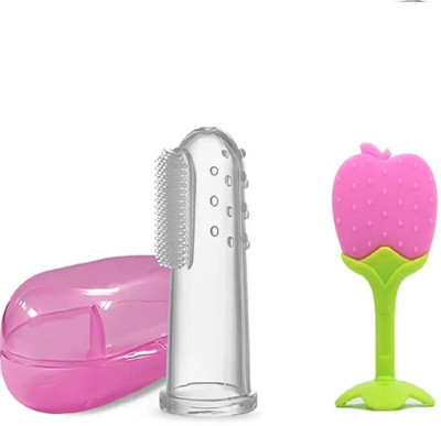 QinPin Combo-Silicone Finger Brush& UltraSoft fruit teether gentle to chew on for baby(Multicolor)