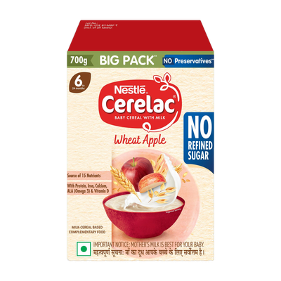 Nestle Cerelac Wheat Apple Baby Food Cereal, No Refined Sugar, for 6-24 Months Baby, Big Pack Cereal(720 g, 6+ Months)