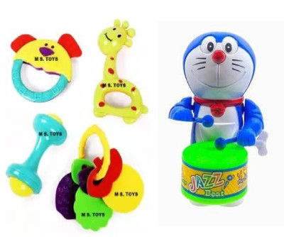 M S.Toys DORE Drummer and Little Babies, 4 Cute Toys 1 Set of 4 Rattle Pack 2 Combo Rattle(Multicolor)