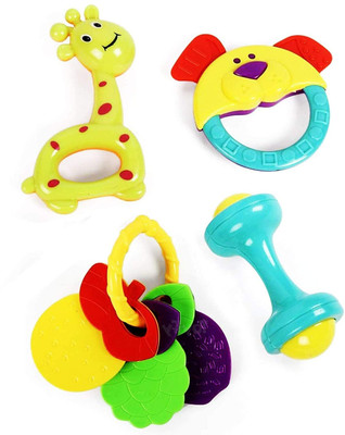 GAMLOID Colourful Non Toxic Set of 4 Attractive Rattles Teethers for New Borns,Baby Rattle(Multicolor)