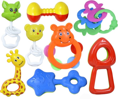 Mira Farmcraft Pack of 8 Rattles Set with Teathers for New Born Babies Toy Non-Toxic BPA Free Rattle(Multicolor)