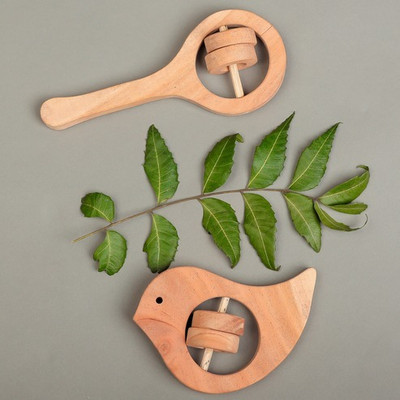 SANMUKH CREATION Handcrafted Neem Wood Baby Rattles – Natural & Non-Toxic Teether Toys Rattle(Multicolor)