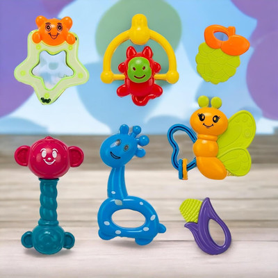 zokato 7 Pcs Safari Rattle Set Toys with teether for New Born, Babies and Infants Rattle(Multicolor)