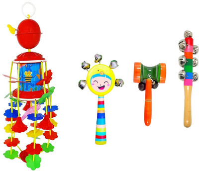 Little Mind Jhoomer Merry Go Round Hanging Toy for New Born Baby /Wooden 3 Pcs Combo Rattle(Multicolor)