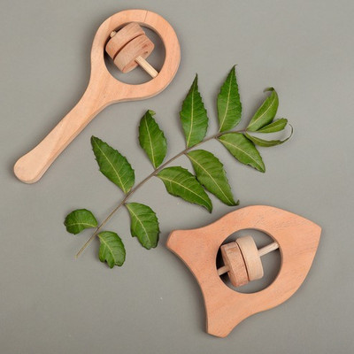 SANMUKH CREATION Neem Wood Baby Essentials – Teether & Rattle Combo for Teething Relief Rattle(Beige)